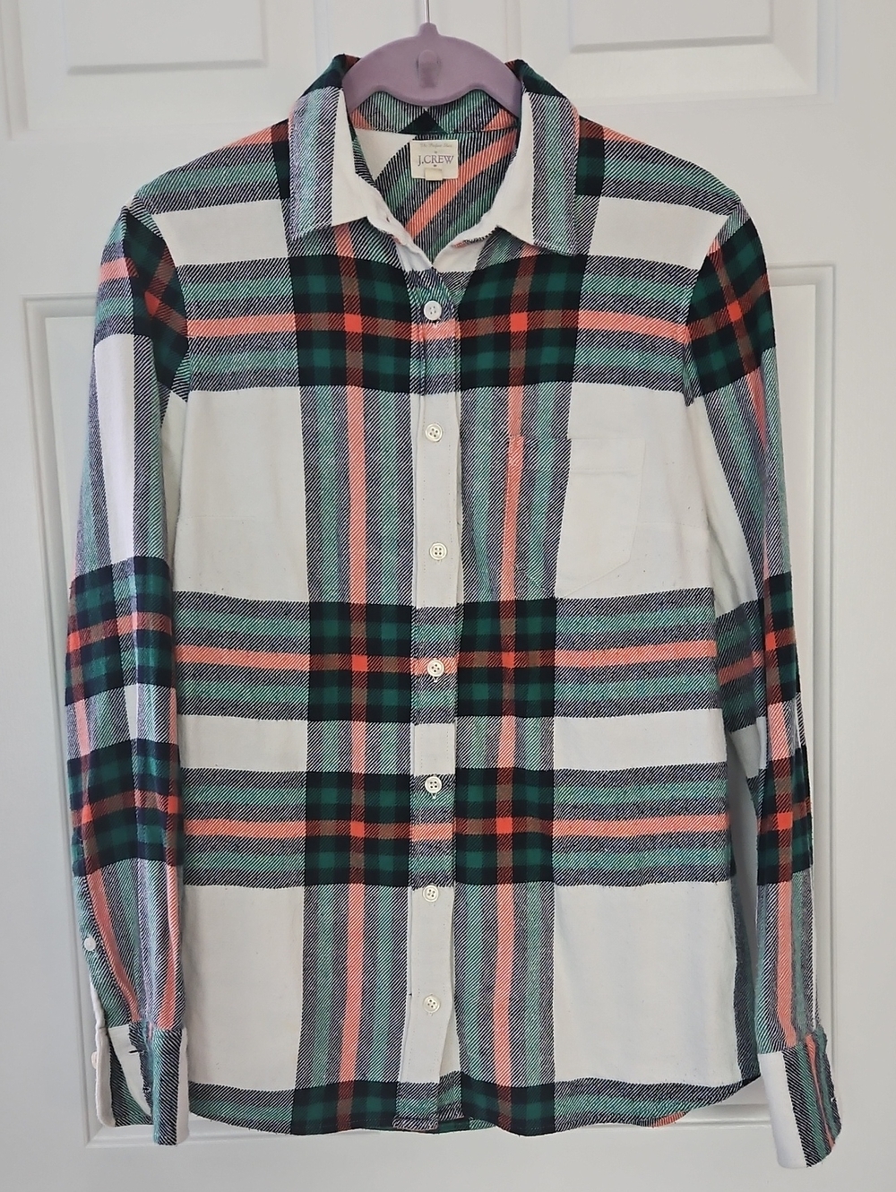 J. Crew White Plaid Button-Down Shirt with Green & Pink Stripes